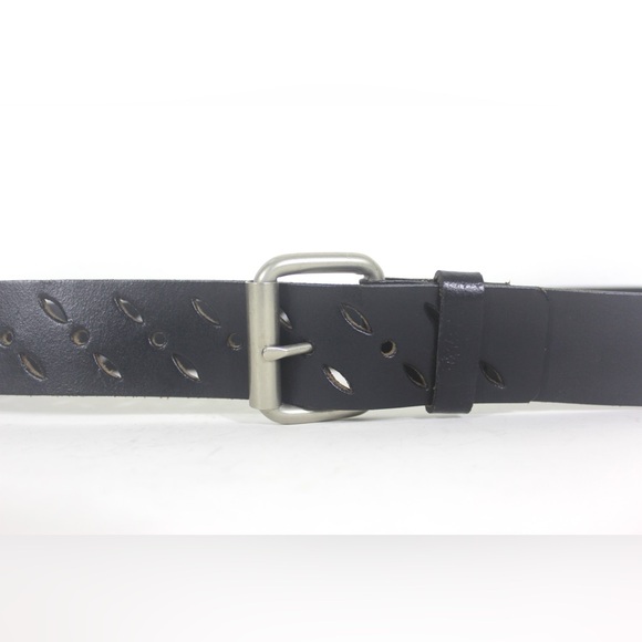 Pierced Wide Black Leather Belt with Silver Buckle 25 26 27 28 29 30 31 - Picture 2 of 9